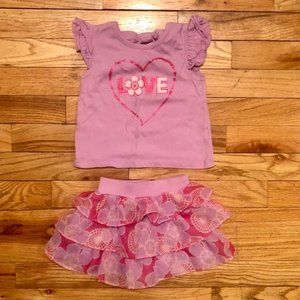 LOVE outfit purple ruffle sleeve t-shirt with matching floral skort 18M